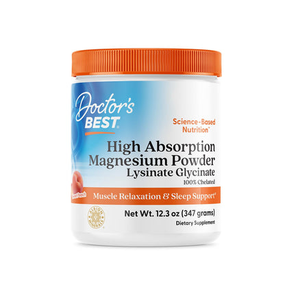 Doctor's Best High Absorption Magnesium Powder – Peach Flavor (12.3 oz) | TRAACS Chelated, Not Buffered