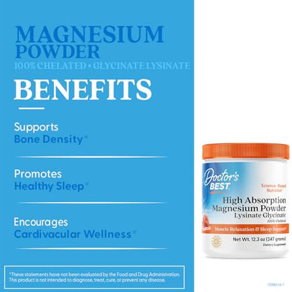 Doctor's Best High Absorption Magnesium Powder – Peach Flavor (12.3 oz) | TRAACS Chelated, Not Buffered