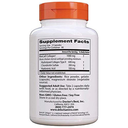 Doctor's Best Hyaluronic Acid with Chondroitin Sulfate Featuring BioCell Collagen – Joint Support, Skin Health, Non-GMO, Gluten Free, Soy Free, 180 Count