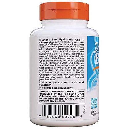 Doctor's Best Hyaluronic Acid with Chondroitin Sulfate Featuring BioCell Collagen – Joint Support, Skin Health, Non-GMO, Gluten Free, Soy Free, 180 Count