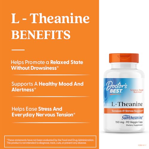 Doctor’s Best L-Theanine with Suntheanine – Stress Relief, Focus, 150 mg, 90 Count | Non-GMO, Gluten Free, Vegan