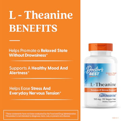 Doctor’s Best L-Theanine with Suntheanine – Stress Relief, Focus, 150 mg, 90 Count | Non-GMO, Gluten Free, Vegan
