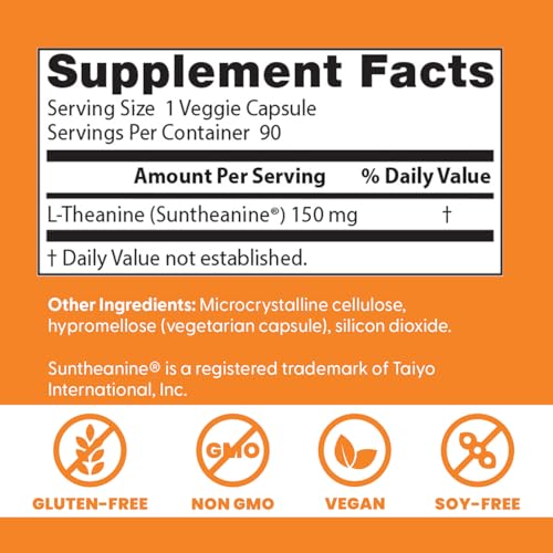 Doctor’s Best L-Theanine with Suntheanine – Stress Relief, Focus, 150 mg, 90 Count | Non-GMO, Gluten Free, Vegan