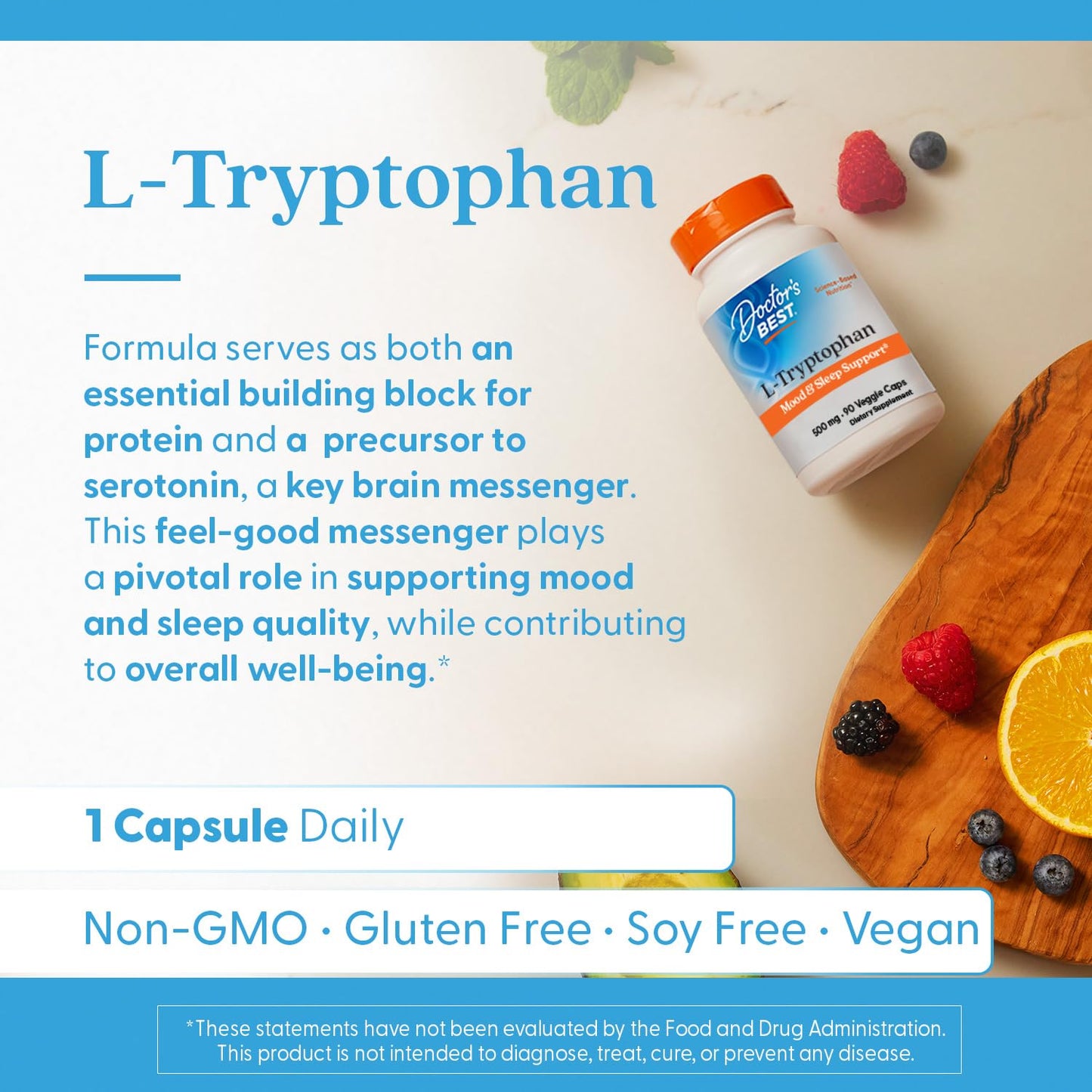 Doctor's Best L-Tryptophan – Sleep & Mood Support | Non-GMO, Vegan, Gluten & Soy Free | 90 Veggie Caps
