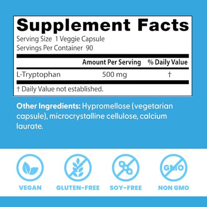 Doctor's Best L-Tryptophan – Sleep & Mood Support | Non-GMO, Vegan, Gluten & Soy Free | 90 Veggie Caps