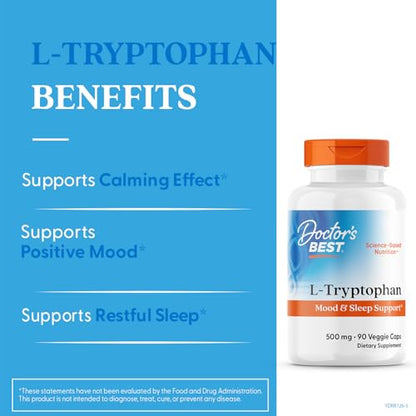 Doctor's Best L-Tryptophan – Sleep & Mood Support | Non-GMO, Vegan, Gluten & Soy Free | 90 Veggie Caps