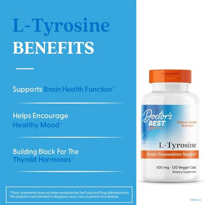 Doctors Best L-Tyrosine 500 mg – Brain Transmitter Support | Non-GMO & Gluten Free | 120 Veggie Caps