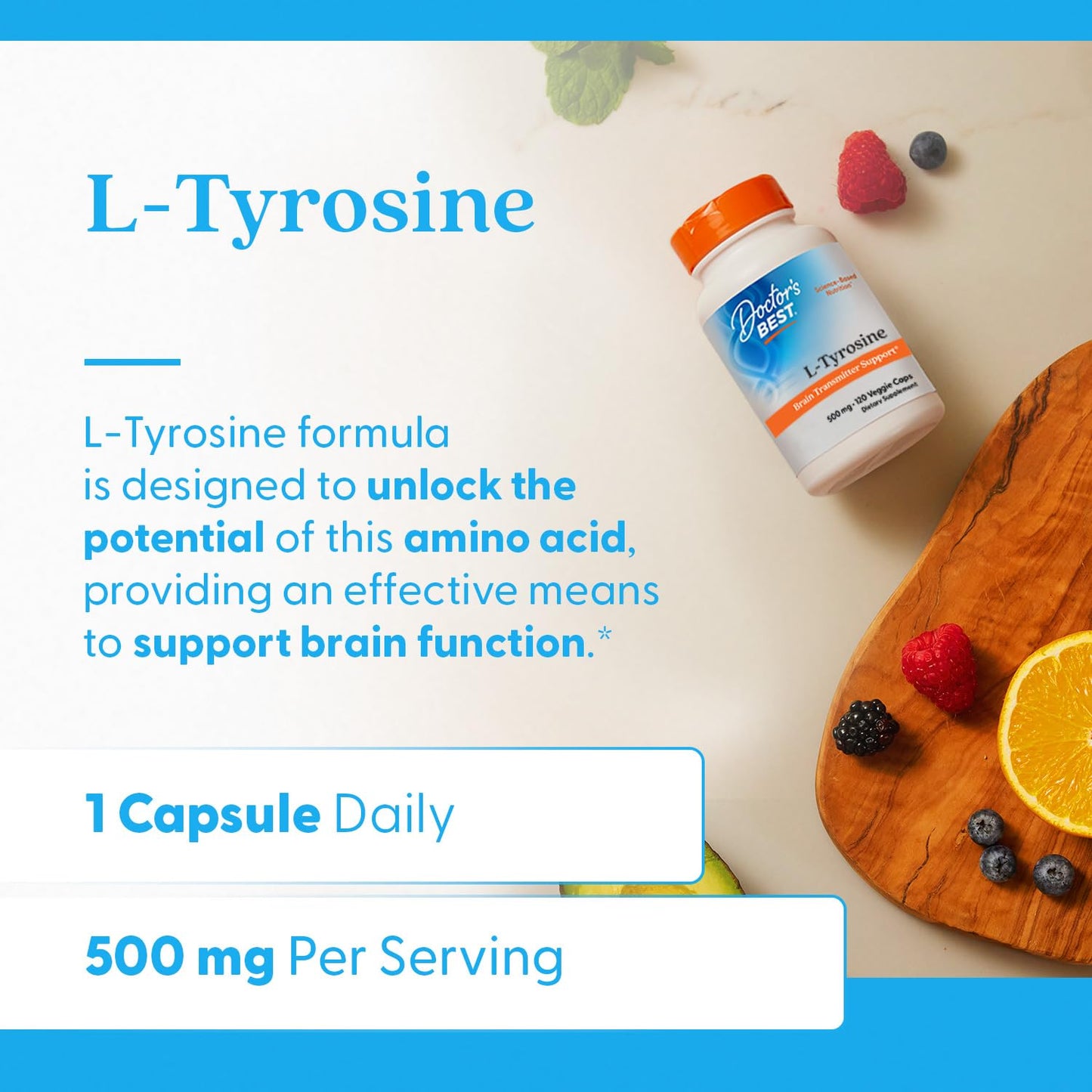 Doctors Best L-Tyrosine 500 mg – Brain Transmitter Support | Non-GMO & Gluten Free | 120 Veggie Caps
