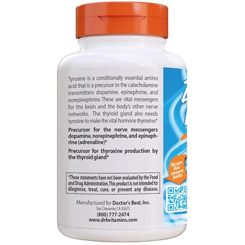 Doctors Best L-Tyrosine 500 mg – Brain Transmitter Support | Non-GMO & Gluten Free | 120 Veggie Caps