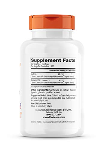 Doctor's Best Lutein 20 mg - Eye Health Support, Non-GMO, Gluten Free | 180 Softgels