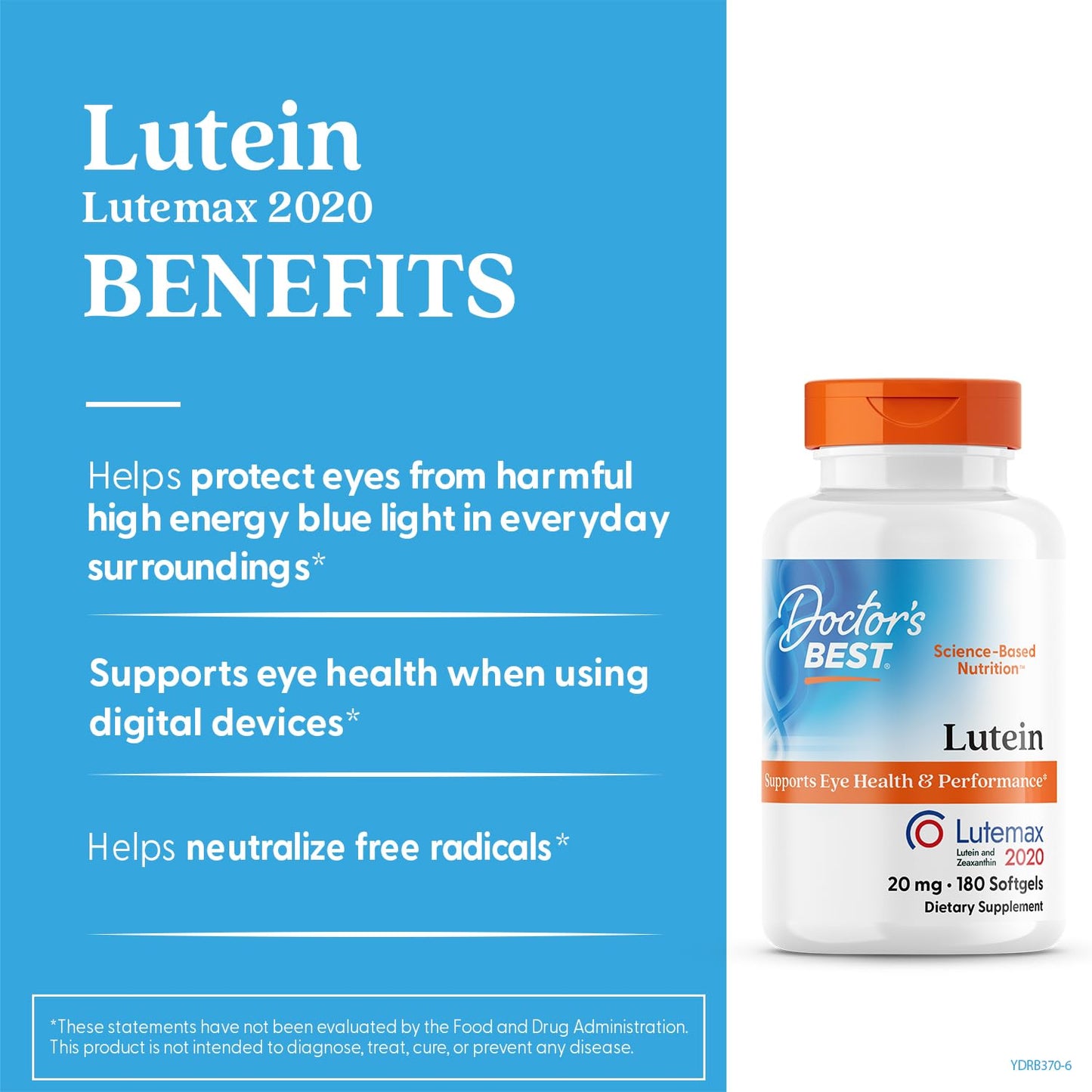 Doctor's Best Lutein 20 mg - Eye Health Support, Non-GMO, Gluten Free | 180 Softgels