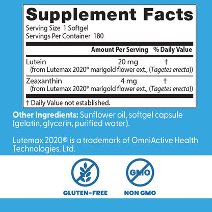 Doctor's Best Lutein 20 mg - Eye Health Support, Non-GMO, Gluten Free | 180 Softgels