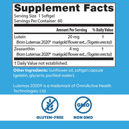 Doctors Best Lutein with Lutemax 20 mg - Supports Eye Health & Performance, Non-GMO, Gluten Free | 60 Softgels