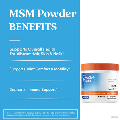 Doctors Best MSM Powder - Supports Hair, Skin, Nails & Joints | Non-GMO, Gluten Free, Soy Free, Vegan | 8.8 oz (250 g)
