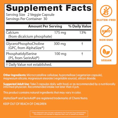 Doctors Best Natural Brain Enhancers with AlphaSize + SerinAid – Supports Memory & Attention (Non-GMO, Gluten Free, Vegan) 60 Veggie Caps