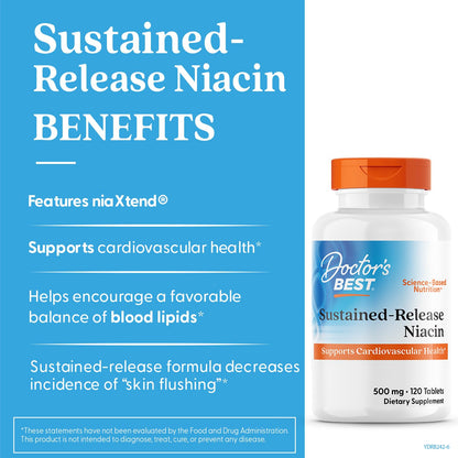 Doctors Best Sustained-Release Niacin with niaXtend – Heart Health | 120 Tablets | Vegan
