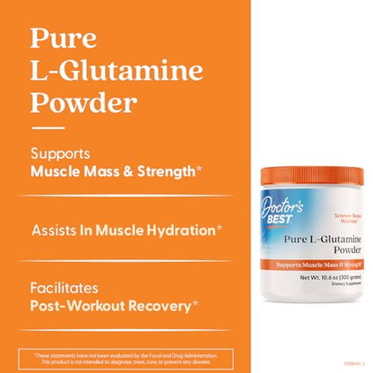 Doctors Best Pure L-Glutamine Powder – Supports Muscle Mass & Strength | Non-GMO, Gluten Free, Soy Free, Vegan (10.6 oz / 300 g)