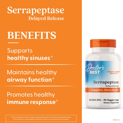 Doctor's BEST Serrapeptase 40,000 SPU – Supports Sinus Health, Vegan & Non-GMO, 90 Veggie Caps