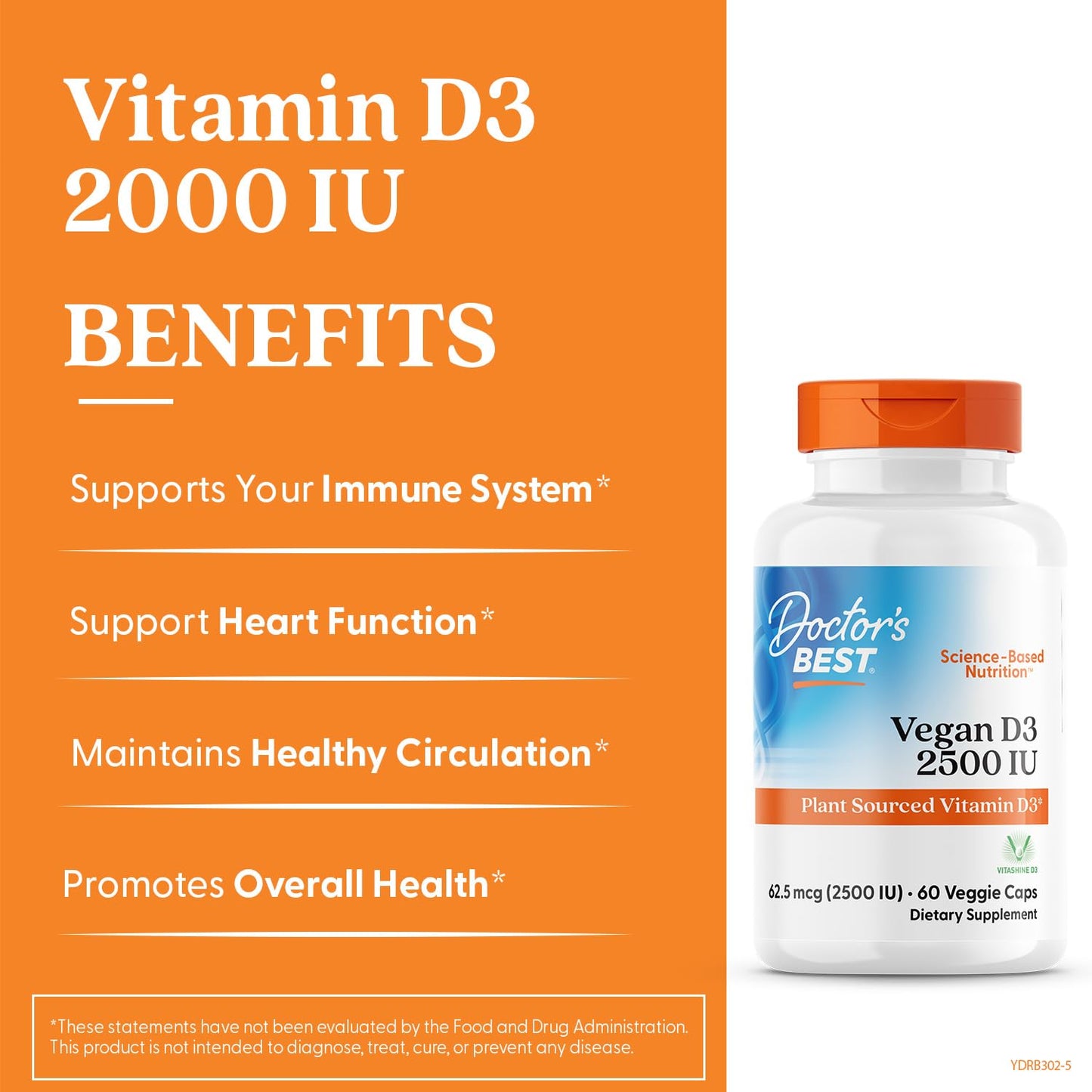 Doctors Best Vegan D3 2500 IU Vitashine - Plant-Sourced Vitamin D3, 60 Veggie Caps
