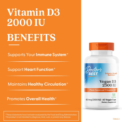 Doctors Best Vegan D3 2500 IU Vitashine - Plant-Sourced Vitamin D3, 60 Veggie Caps