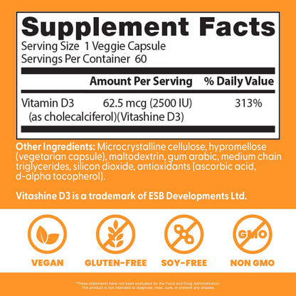 Doctors Best Vegan D3 2500 IU Vitashine - Plant-Sourced Vitamin D3, 60 Veggie Caps