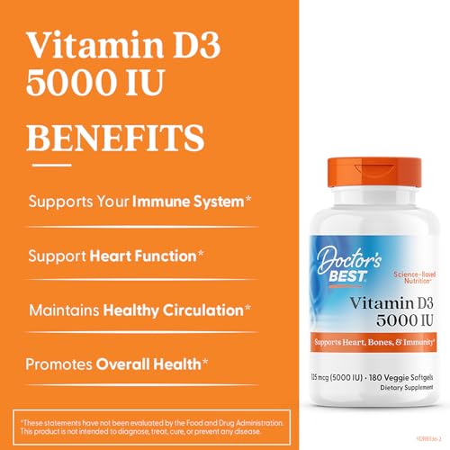 Doctor's Best Vitamin D3 5000 IU - Supports Heart, Bones & Immunity - Non-GMO, Gluten Free, Soy Free, Vegetarian - 180 Veggie Softgels