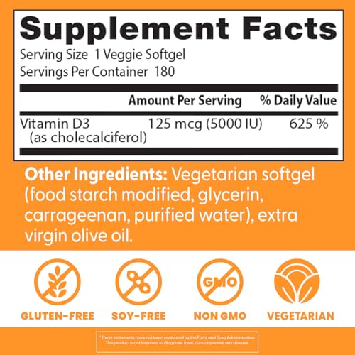 Doctor's Best Vitamin D3 5000 IU - Supports Heart, Bones & Immunity - Non-GMO, Gluten Free, Soy Free, Vegetarian - 180 Veggie Softgels