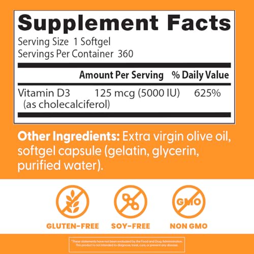 Doctor's Best Vitamin D3 5,000 IU – Immune Support, Bone & Heart Health | 360 Count (Pack of 1) | Non-GMO, Gluten-Free, Soy Free