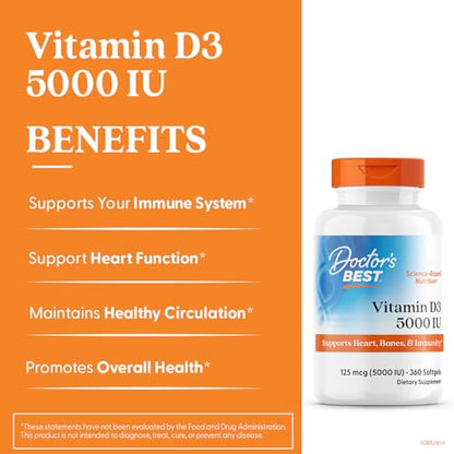 Doctor's Best Vitamin D3 5,000 IU – Immune Support, Bone & Heart Health | 360 Count (Pack of 1) | Non-GMO, Gluten-Free, Soy Free