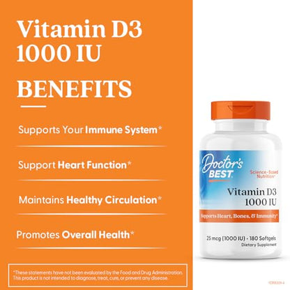 Doctor's Best Vitamin D3 1000 IU Softgel Capsules - 180 Count