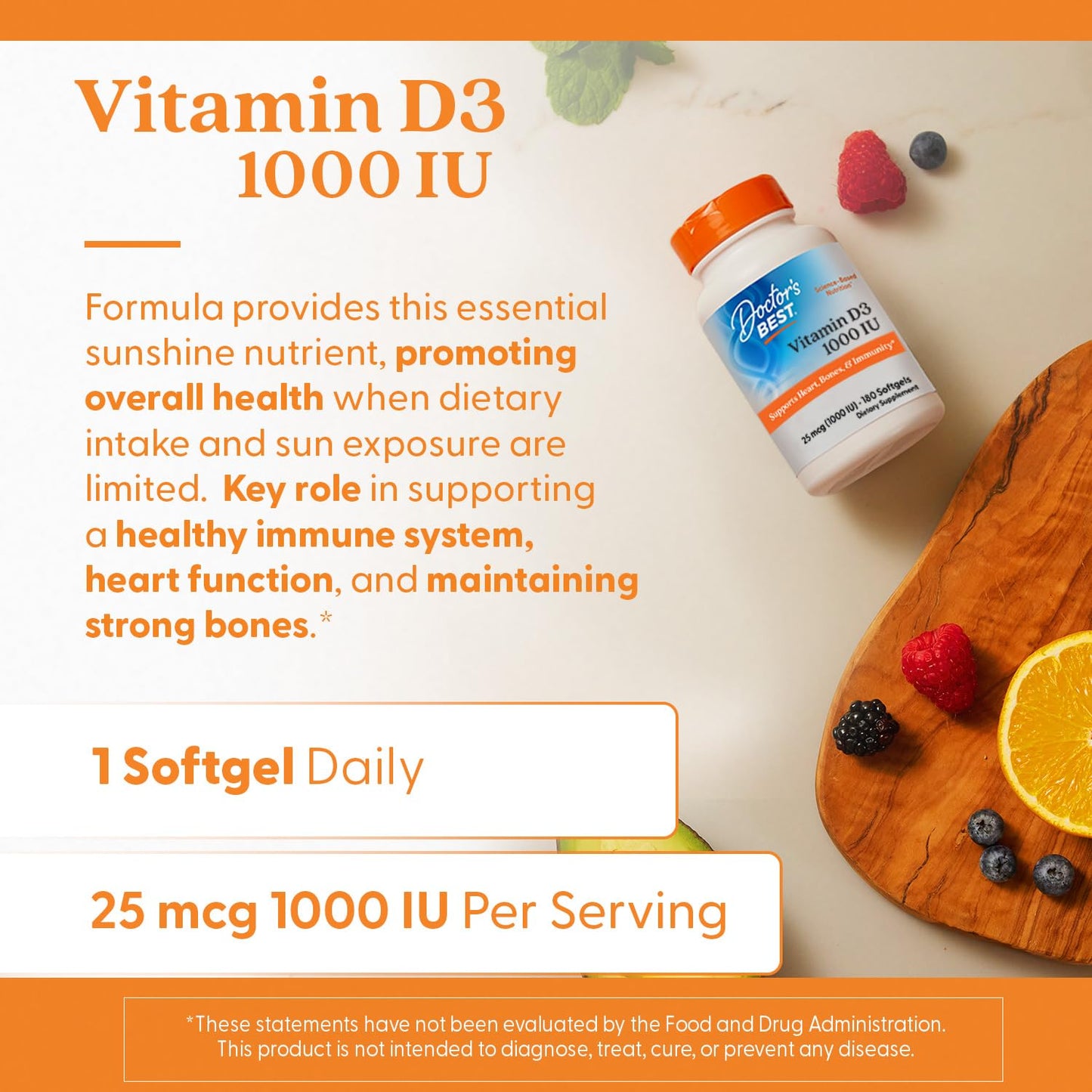 Doctor's Best Vitamin D3 1000 IU Softgel Capsules - 180 Count