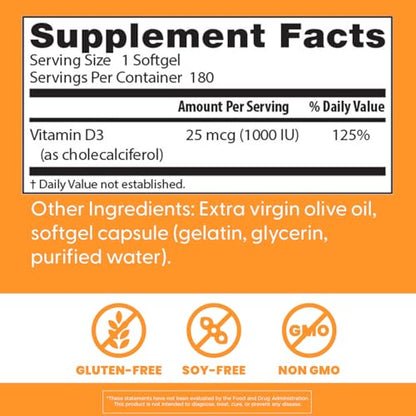 Doctor's Best Vitamin D3 1000 IU Softgel Capsules - 180 Count