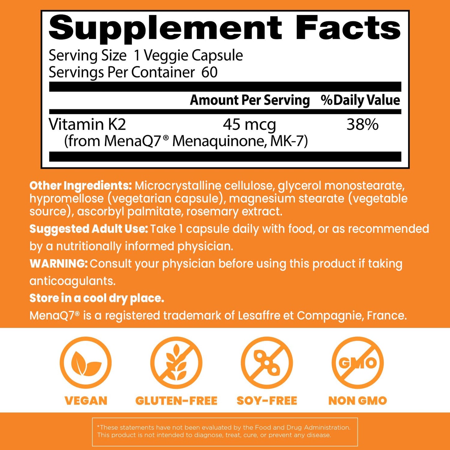 Doctors Best Vitamin K2 MK-7 (MenaQ7) – 60 Veggie Caps – Bone & Tissue Support