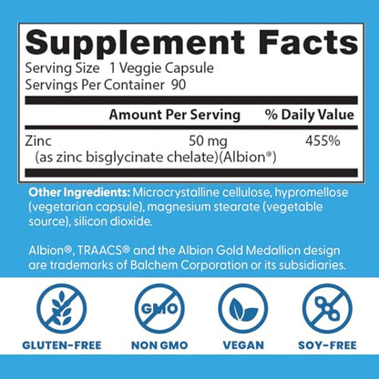 Doctor's Best Zinc Bisglycinate 50mg – High Potency Immune Support (90 Count)