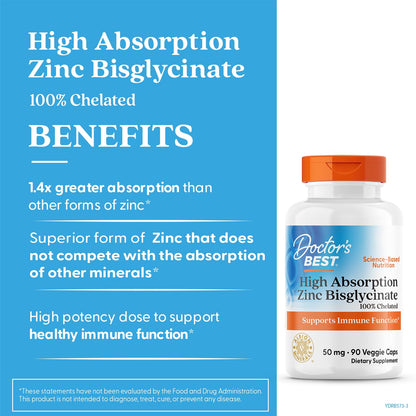 Doctor's Best Zinc Bisglycinate 50mg – High Potency Immune Support (90 Count)