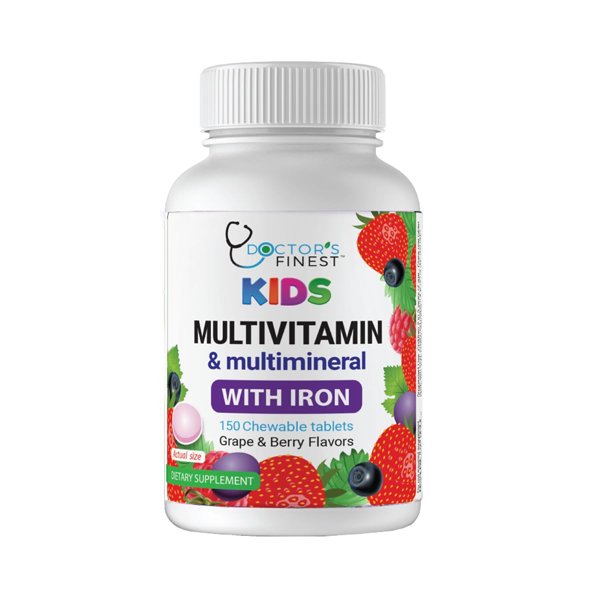 Doctor's Finest Kids Multivitamin & Mineral with Iron – Grape & Berry, 150 Chewable Tablets