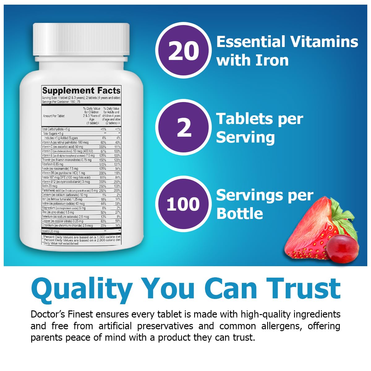 Doctor's Finest Kids Multivitamin & Mineral with Iron – Grape & Berry, 150 Chewable Tablets