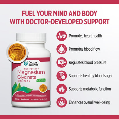DOCTORS' PREFERRED Magnesium Glycinate Complex – 420 mg per Serving | Heart Health & Mood Support