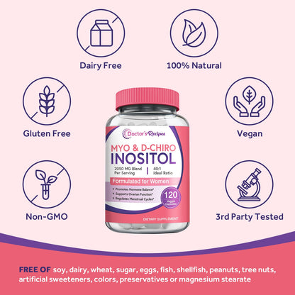 Doctor's Recipes Inositol Supplement – 40:1 Myo-Inositol & D-Chiro Inositol, 2,050 mg per serving, Hormone Balance & Fertility Support, 120 Vegan Caps