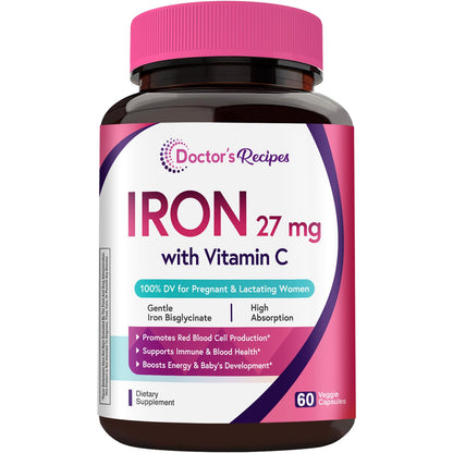 Doctor's Recipes Iron Supplement for Pregnant Women | Chelated Iron Bisglycinate + Vitamin C