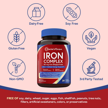 Doctor's Recipes Iron Supplement for Women – 65 mg Iron Bisglycinate, Vegan