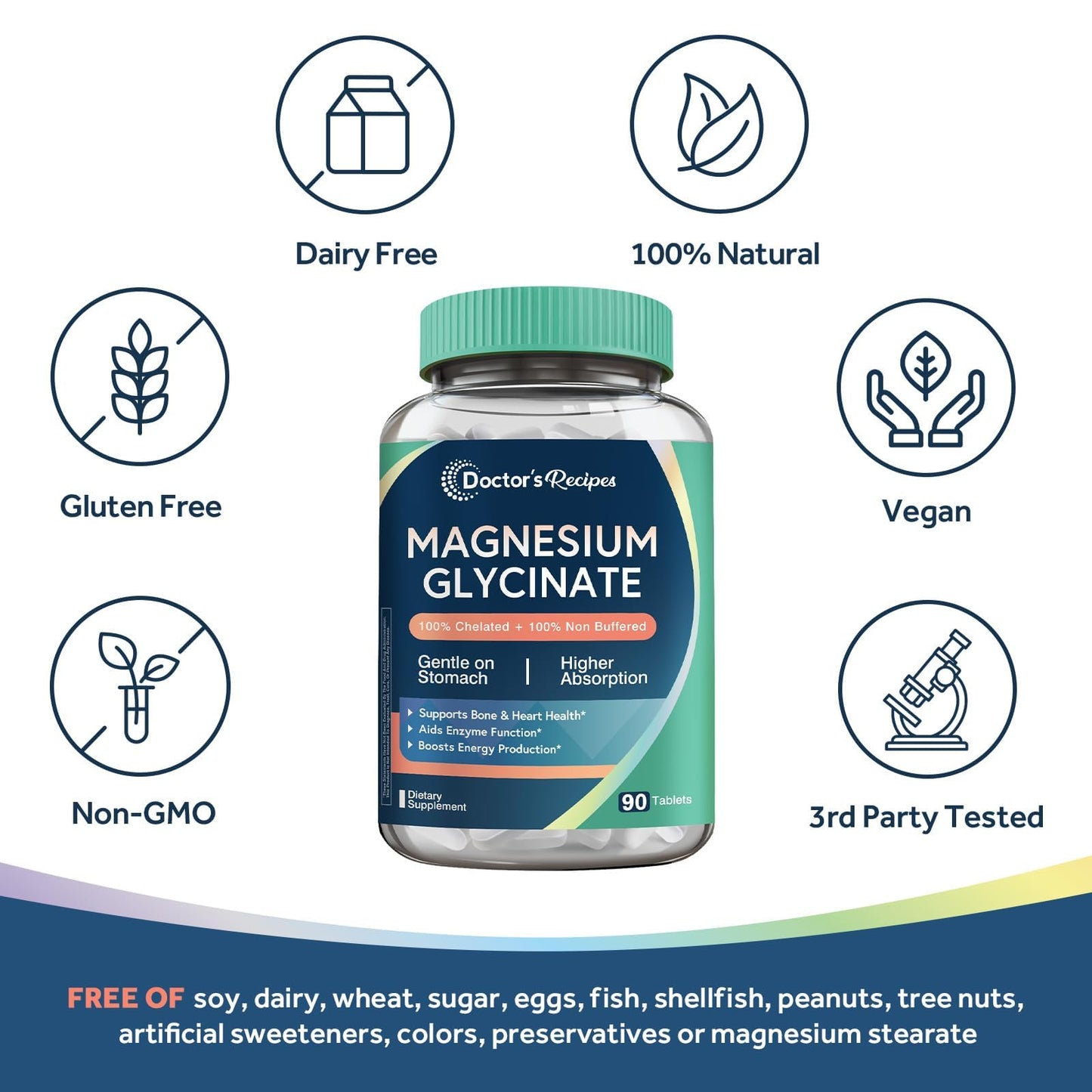 Doctor's Recipes Magnesium Glycinate – Chelated, High-Absorption (90 Tablets)