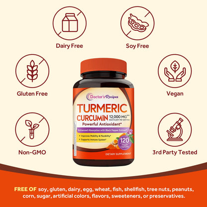 Doctor's Recipes Turmeric Curcumin with Black Pepper Extract – 12,000 mg per Serving, 95% Curcuminoids, High Potency, 120 Caps, Vegan, Non-GMO
