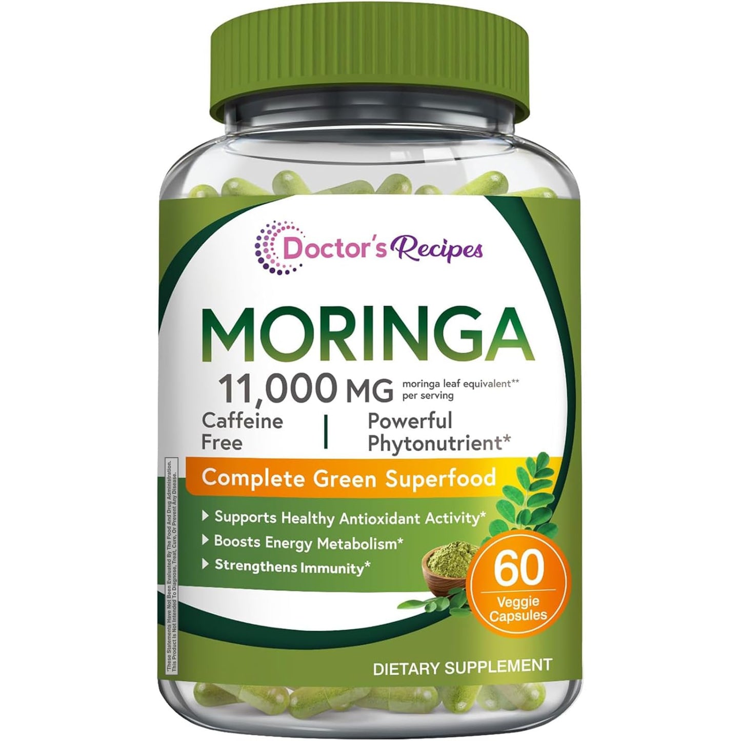 Doctor's Recipes Moringa 11,000 mg – Complete Green Superfood, Non-GMO, 60 Vegan Caps