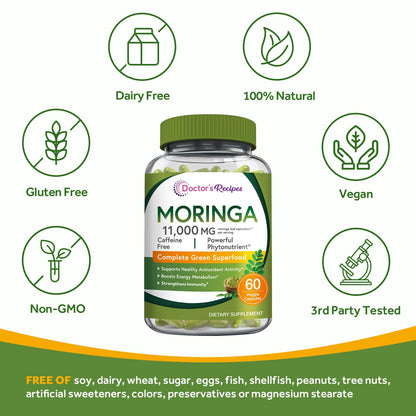 Doctor's Recipes Moringa 11,000 mg – Complete Green Superfood, Non-GMO, 60 Vegan Caps