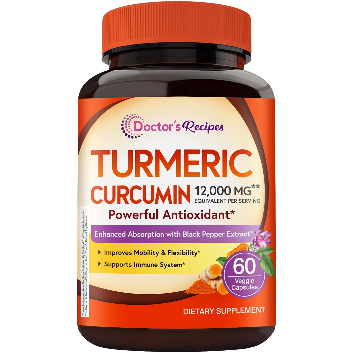 Doctor's Recipes Turmeric Curcumin 12,000 mg | High Potency with Black Pepper, 95% Curcuminoids – 60 Caps
