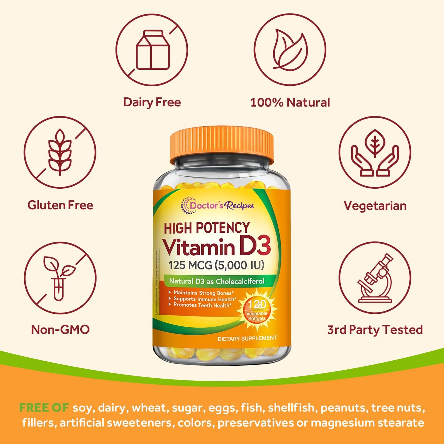 Doctor's Recipes Vitamin D3 5000IU — Immune Support, 120 Vegetarian Softgels