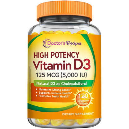 Doctor's Recipes Vitamin D3 5000IU — Immune Support, 120 Vegetarian Softgels