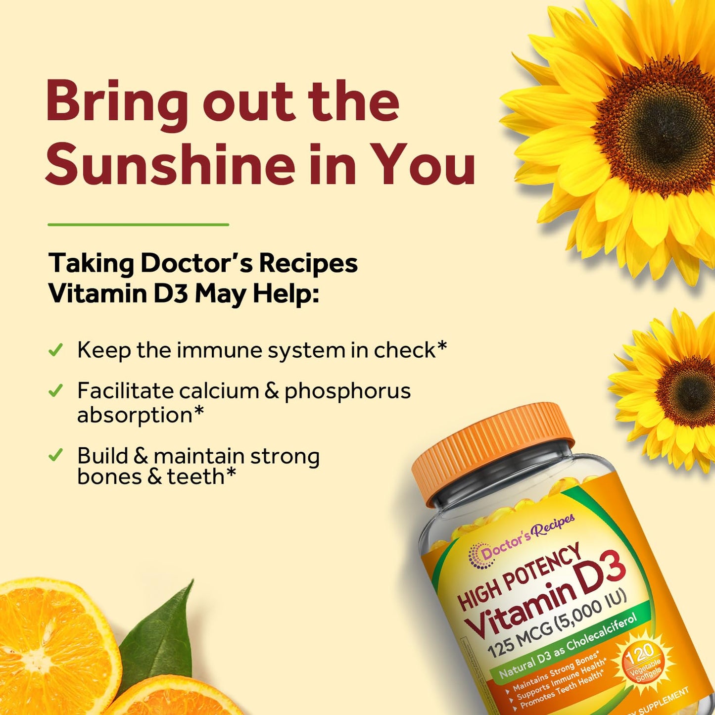 Doctor's Recipes Vitamin D3 5000IU — Immune Support, 120 Vegetarian Softgels