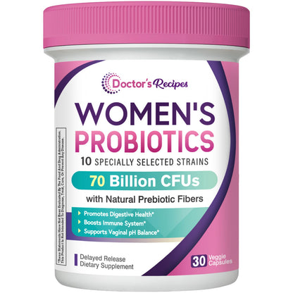 Doctor's Recipes Women's Probiotics — 70B CFU, 10 Strains, Organic Prebiotics, Digestive & Vaginal Health